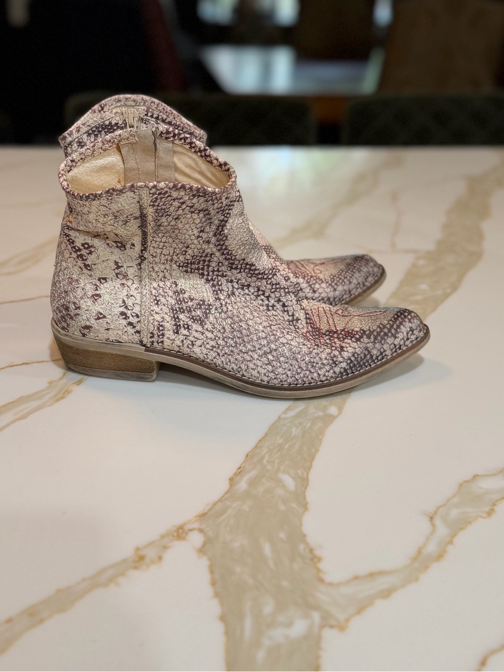 Western Snake Skin Ankle Boots with Red Stitching